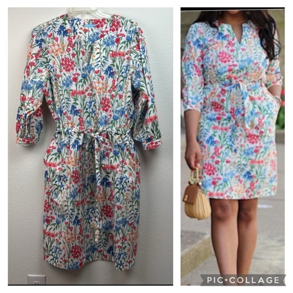 J. McLaughlin spring floral cotton pull on dress drawstring waist long sleeves